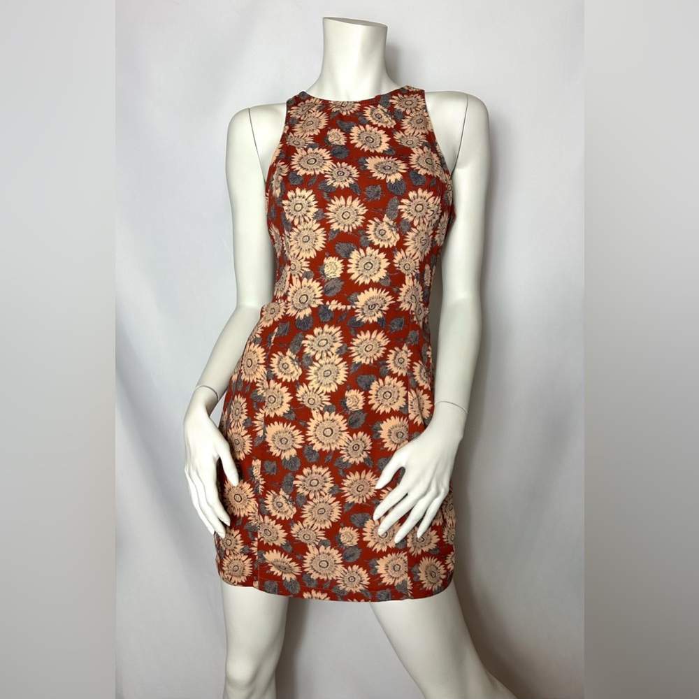 Lush Sunflower Floral Sleeveless Tie Back Dress Red and Cream